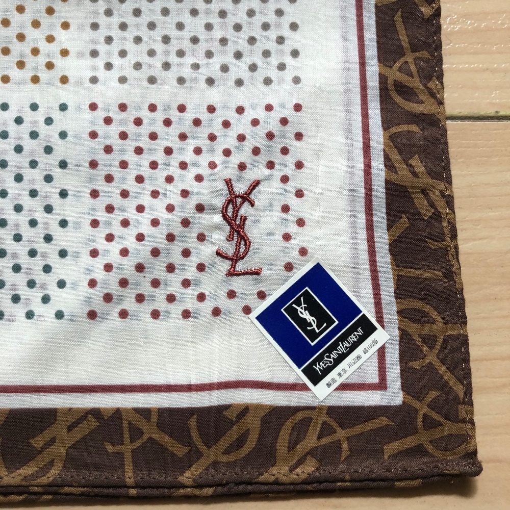 New YSL Dots Handkerchief Pocket Square Scarf Multicolor Block Logo All Over
